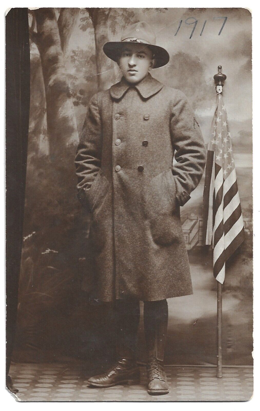 WW1 Solider, American Flag And Painted Backdrop, Antique RPPC Photo Postcard