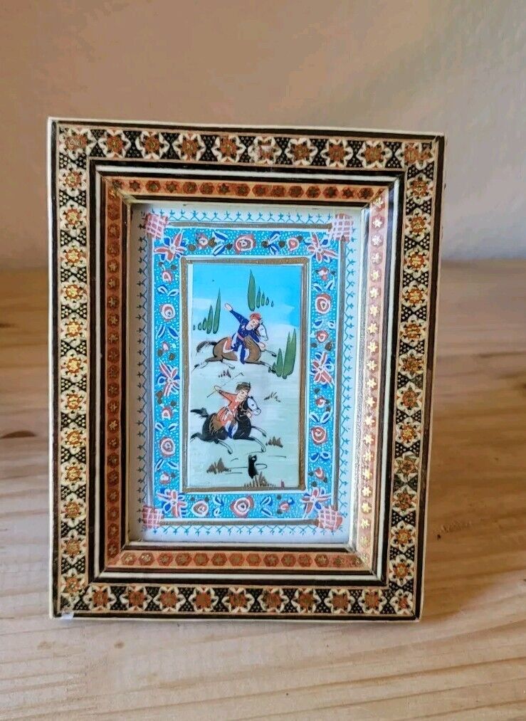 VTG Persian Miniature Painting Men On Horses Micro Mosaic Frame 