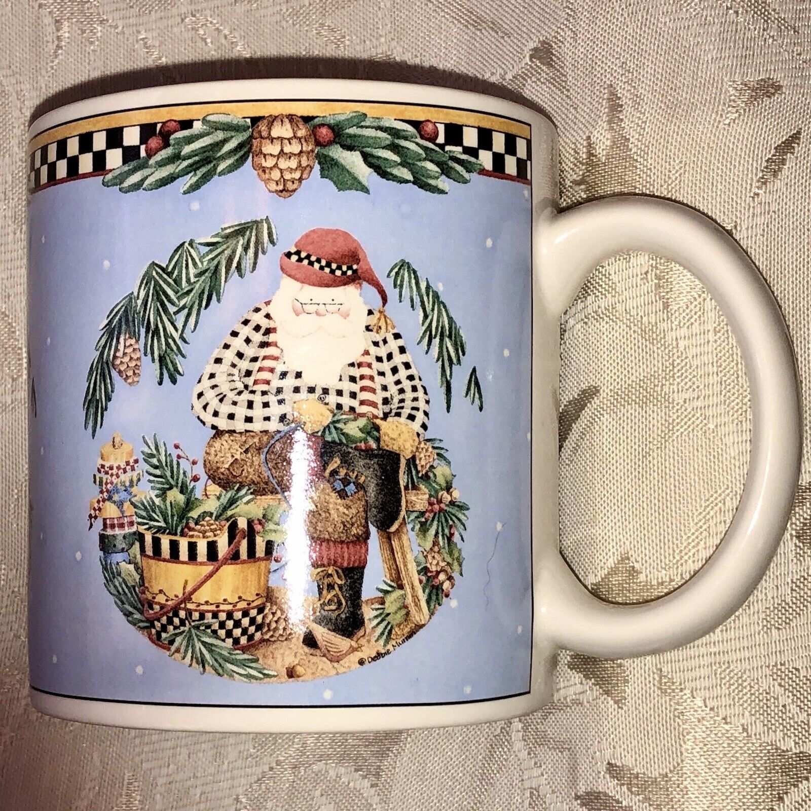 Vintage Debbie Mumm Mug Woodland Santa Stoneware Coffee 1998 Sakura Christmas
