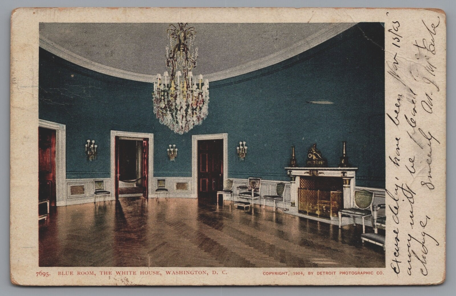 Blue Room, Chandelier, Fire Place Washington DC White House Postcard PM 1905