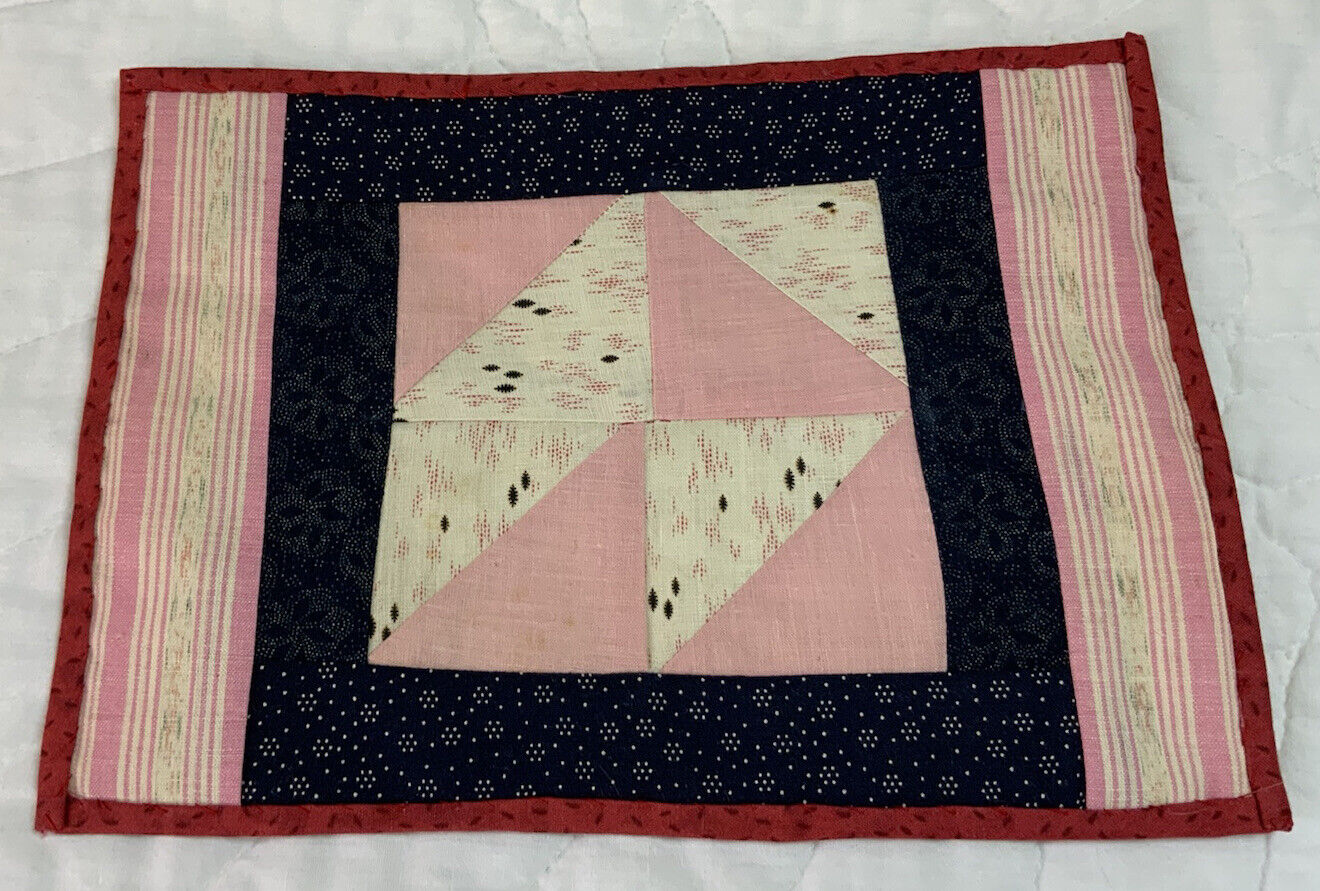 Vintage Patchwork Quilt Table Topper, Early Calicos, Four Patch, Triangles, Pink