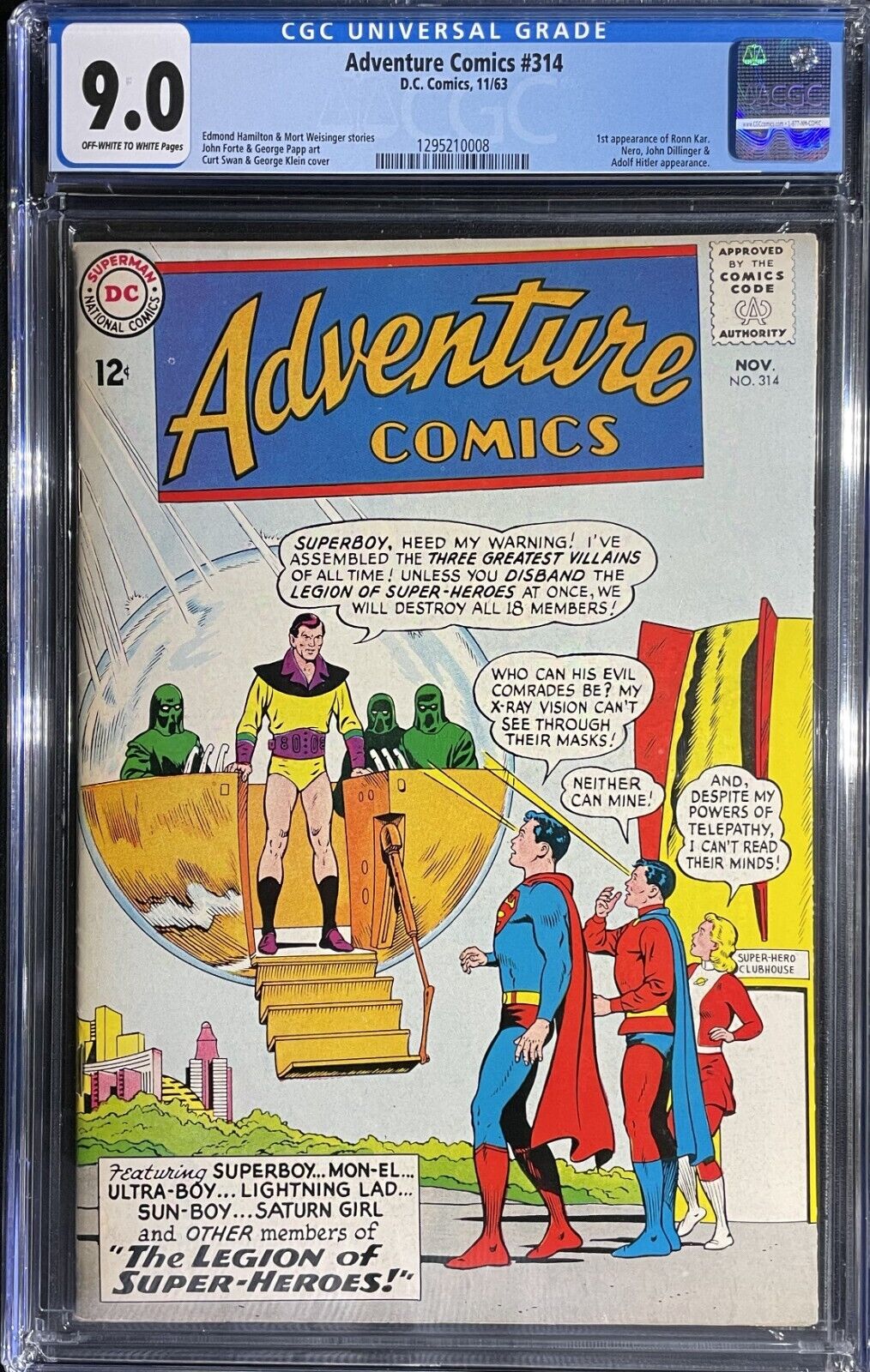 Adventure Comics #314 1963 CGC 9.0 OW/W Hitler & Dillinger App; Low Starting Bid