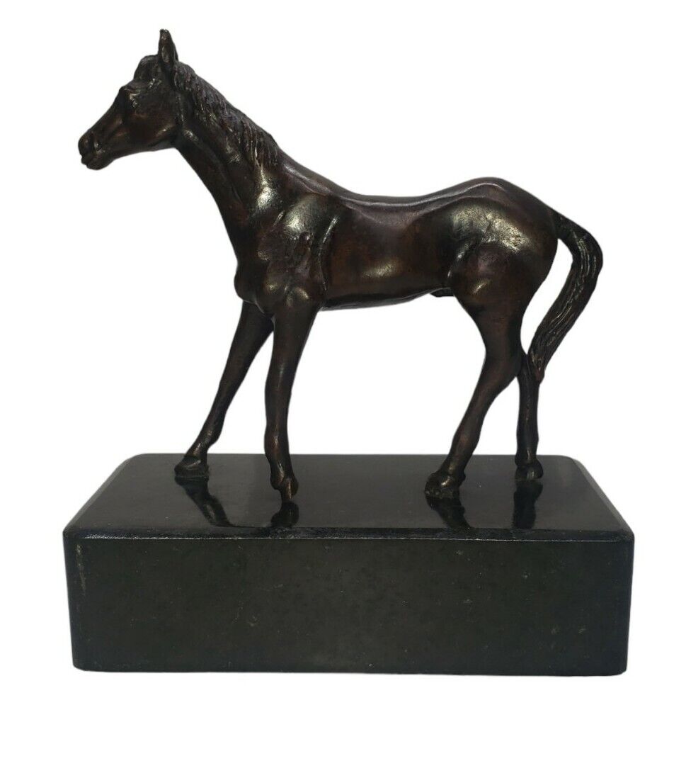 Vintage Maitland Smith Bronze Horse Statue On Black Marble Stand