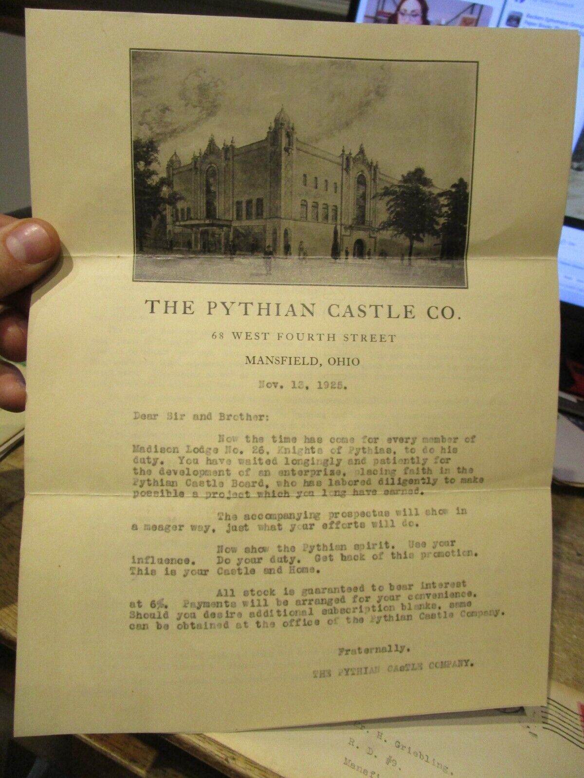 1925 Mansfield Ohio Pythian Castle Company Building Real Estate Business Letter