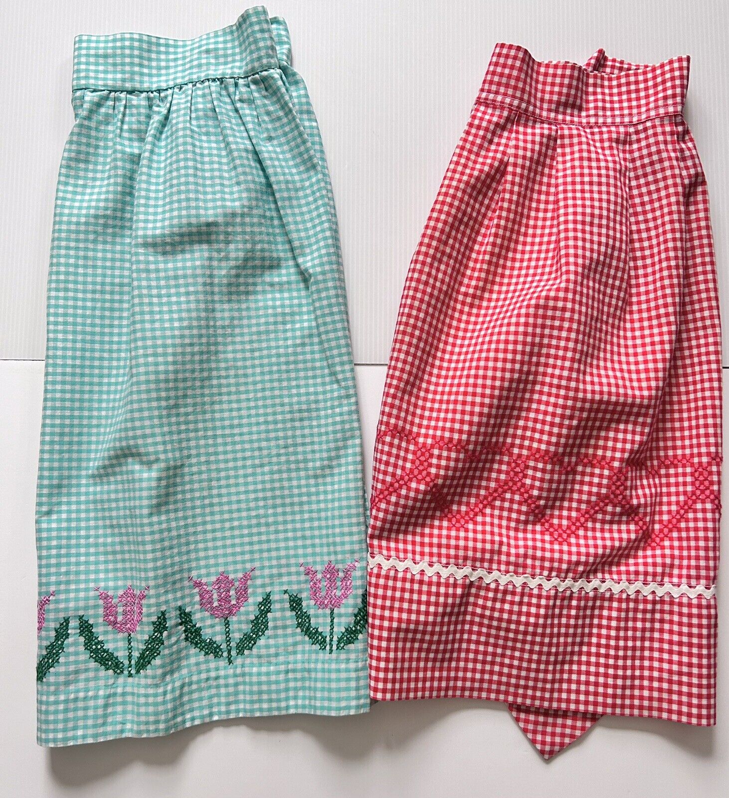 Vintage Gingham Half Aprons Red Aqua Embroidered Tulips Hearts Lot 2