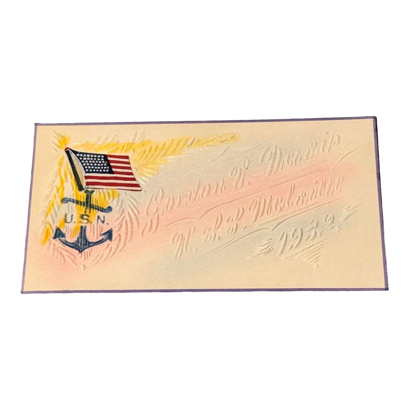 U.S.S. Melville Vintage Sailor Card Embossed 1932 USN