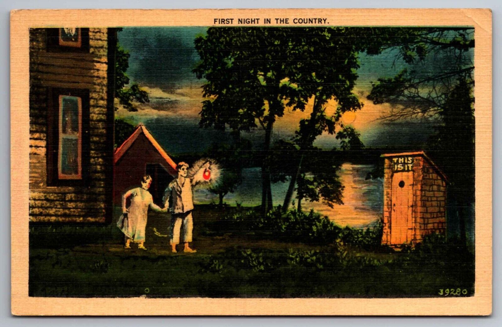 Postcard First Night in the Country Looking for Outhouse with Lantern       F 14