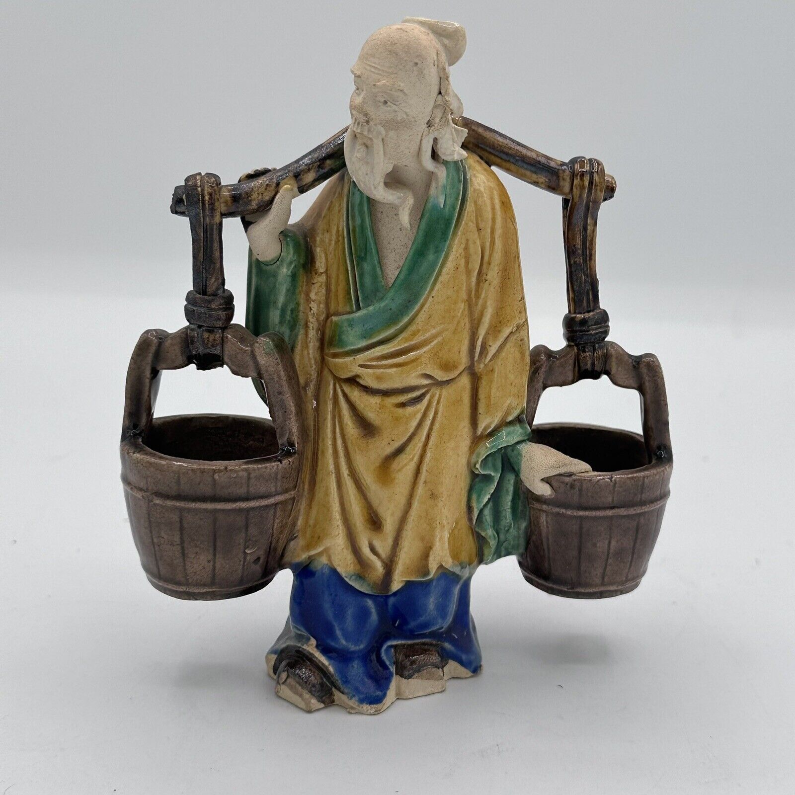 Vintage Chinese Mudman Ceramic Figurine With Yoke And Buckets Stamped Detailed