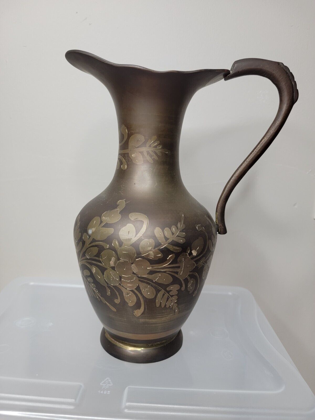 Vintage Solid Brass Pitcher Flowers Hand Made Painted Etched