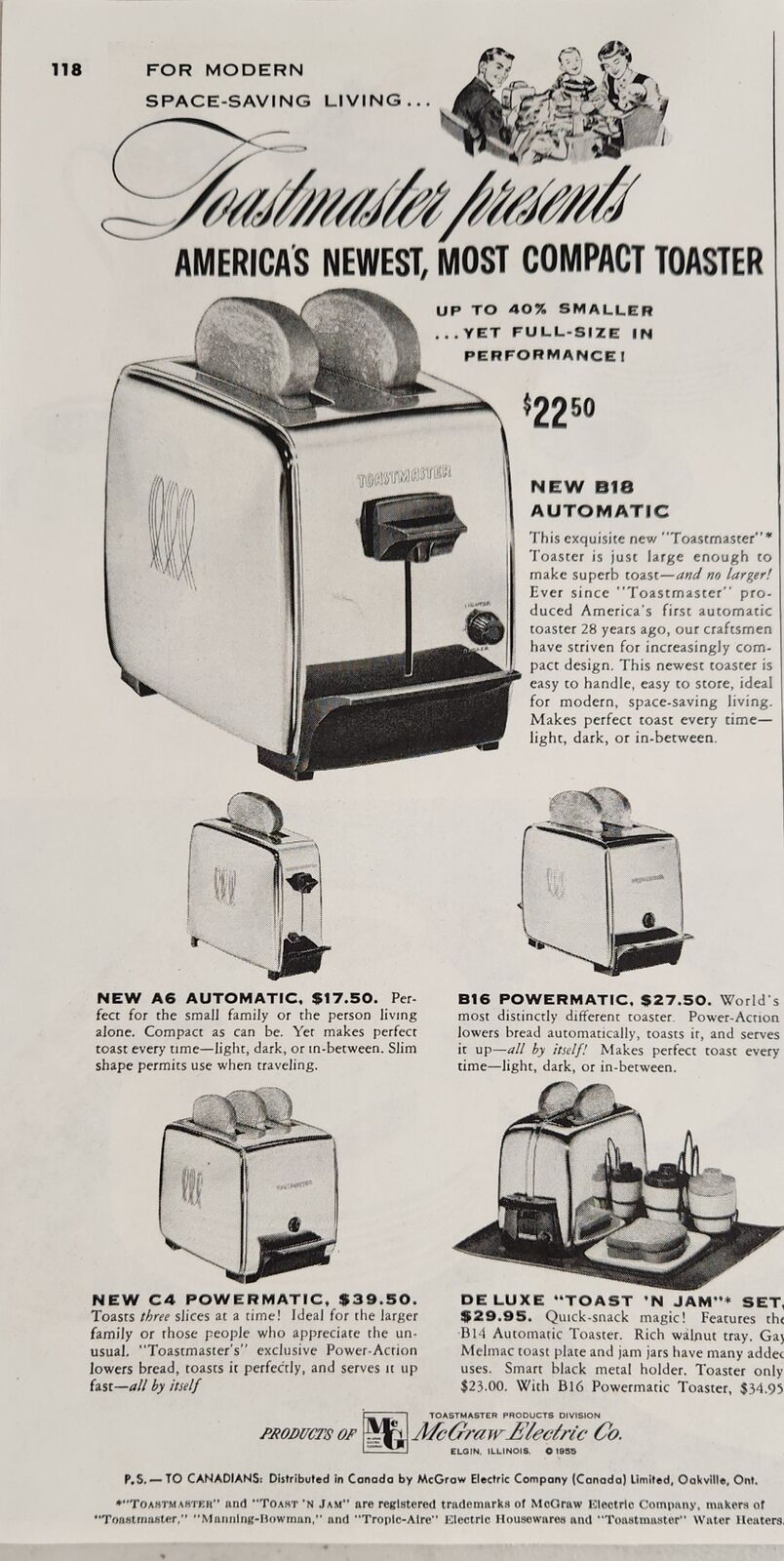 1955 Print Ad Toastmaster Compact Toasters McGraw-Electric Elgin,Illinois