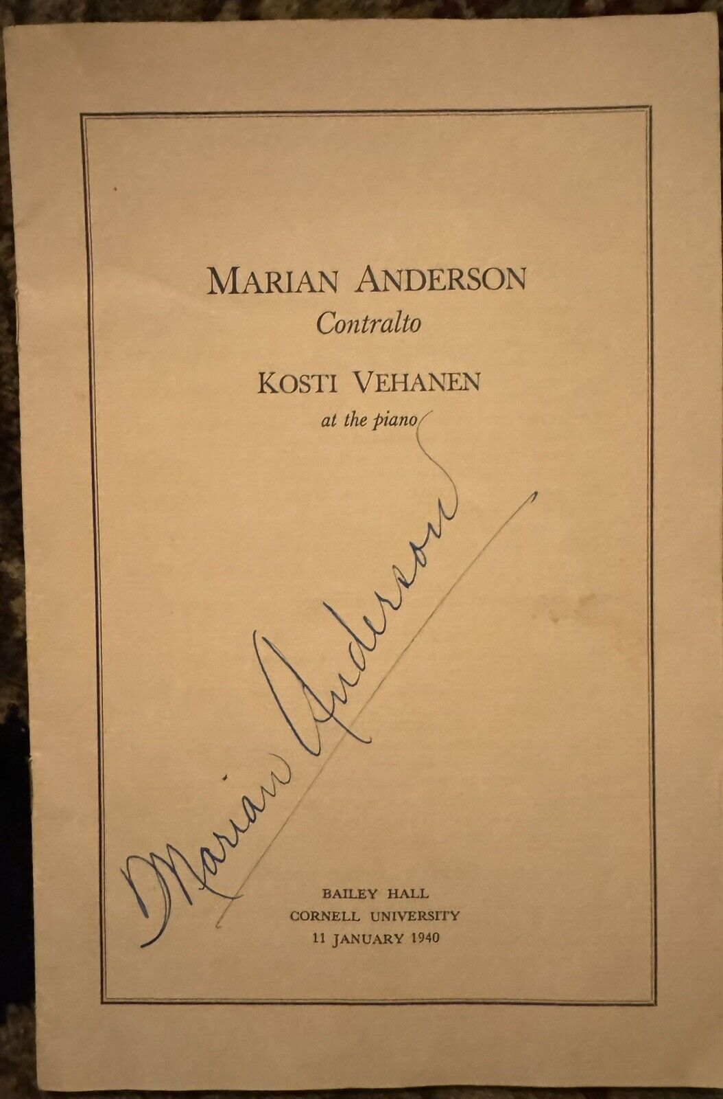 MARIAN ANDERSON AFRICAN AMERICAN OPERA SINGER AUTOGRAPHED SIGNED Program 1940￼