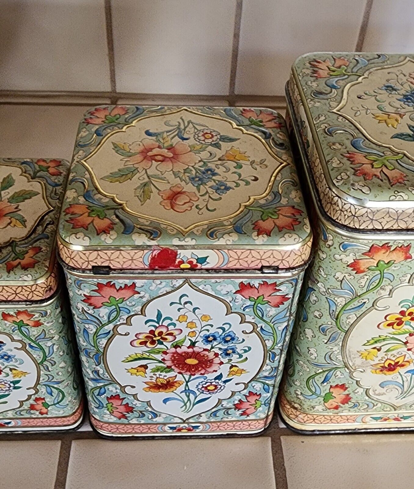 SET 4 CANISTERS, floral embossed painted tins, Holland.  VERY GOOD VINTAGE