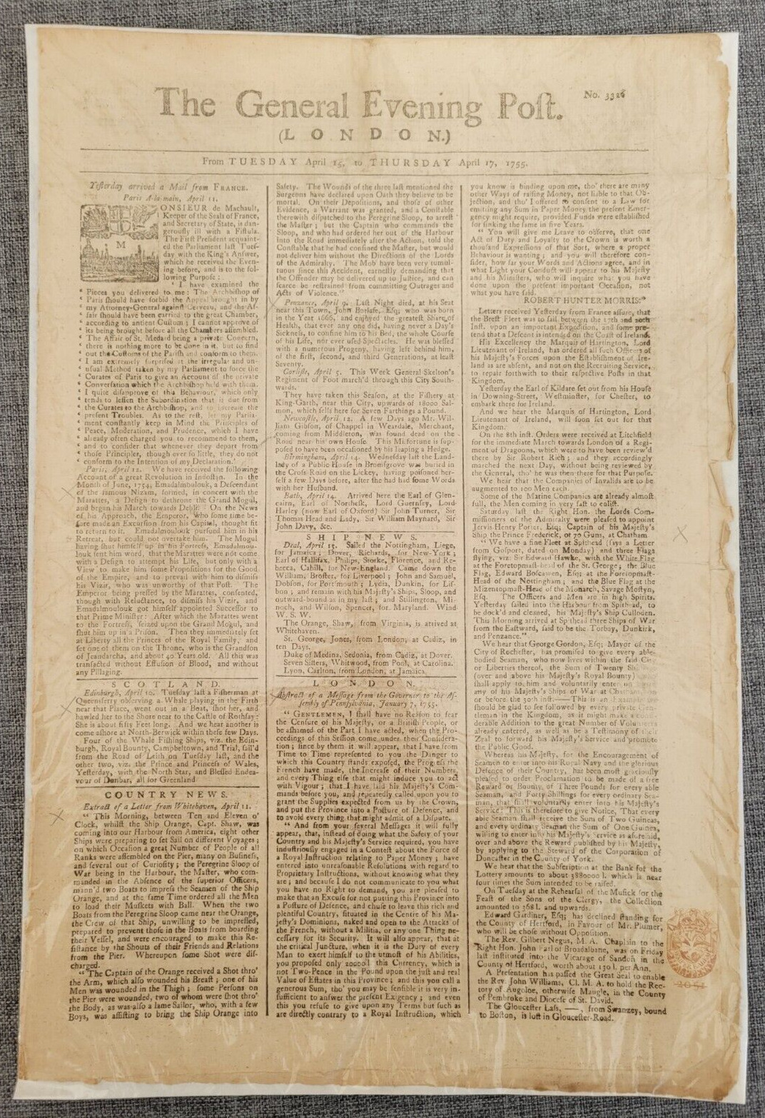 THE GENERAL EVENING POST USA NAVY FRANCE ORIGINAL NEWSPAPER 1755 17TH APRIL