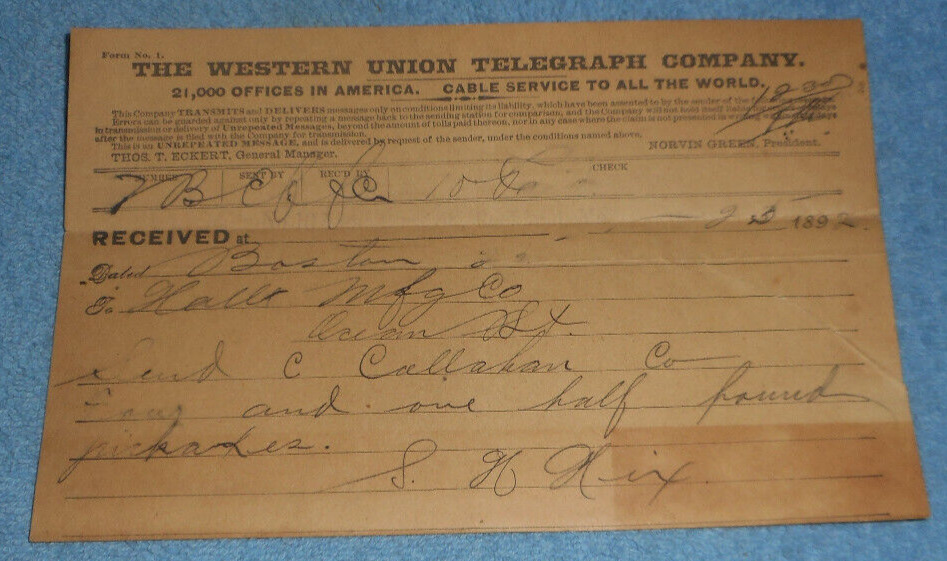 1892 Western Union Telegram Hall Mfg Co Fire Pickaxes Sent To Cornelius Callahan