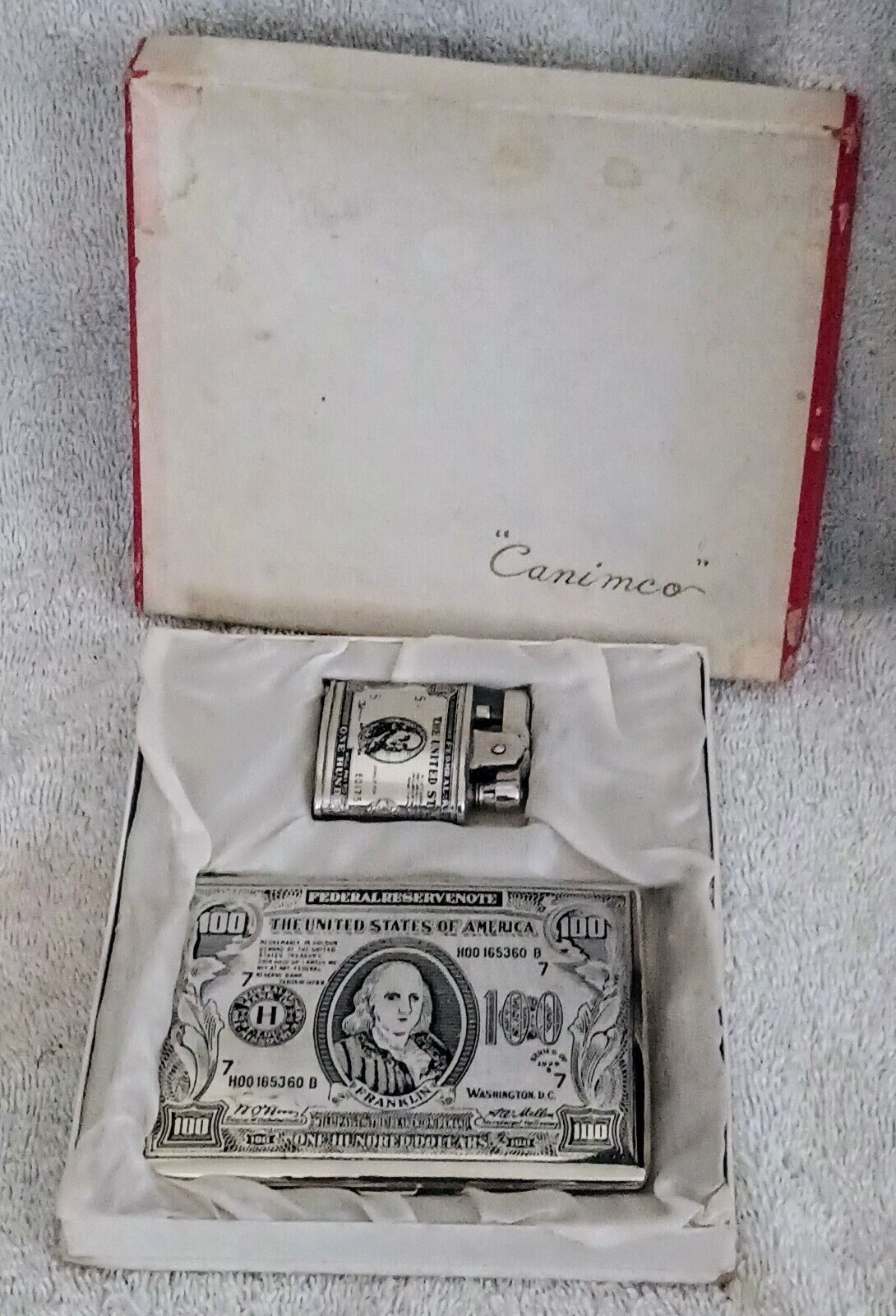 Vintage Liberty Mutual $100 Dollar Bill Cigarette Case and Lighter Never Used