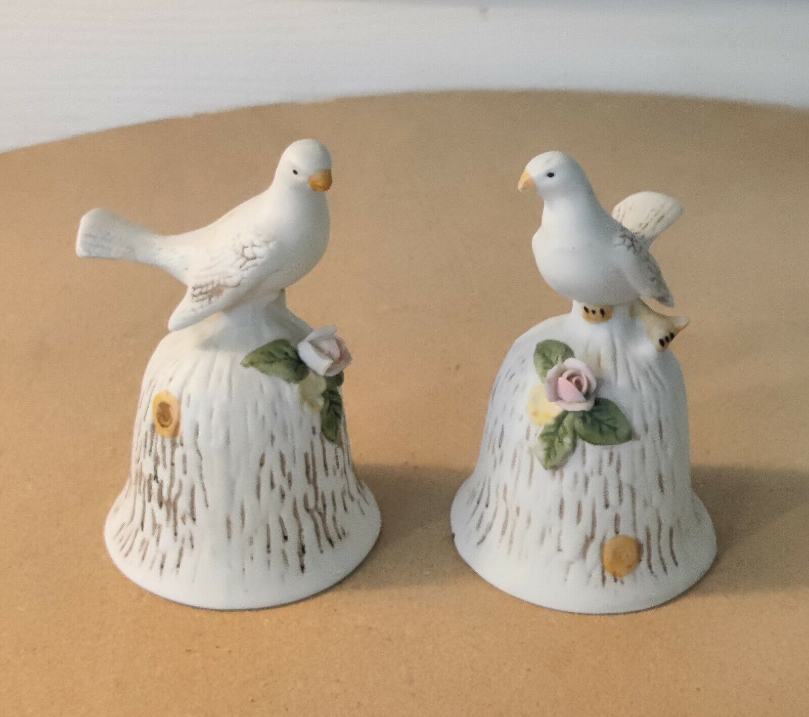 Vintage Pair - Flambro White Dove W/ Flower Porcelain Bell 4 1/2\