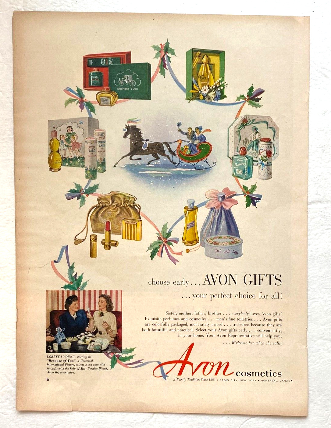 Avon Vintage Print Ad 1952 Cosmetics Loretta Young Horse Sleigh 10.5x14 In