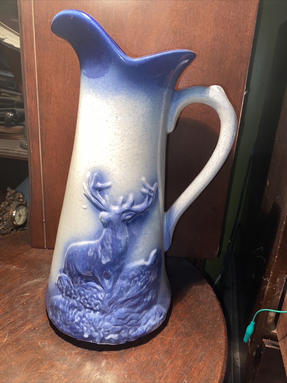 Vintage Cobalt Stag Style Ceramic 12” Pitcher  Buck Deer Blue White Decorative