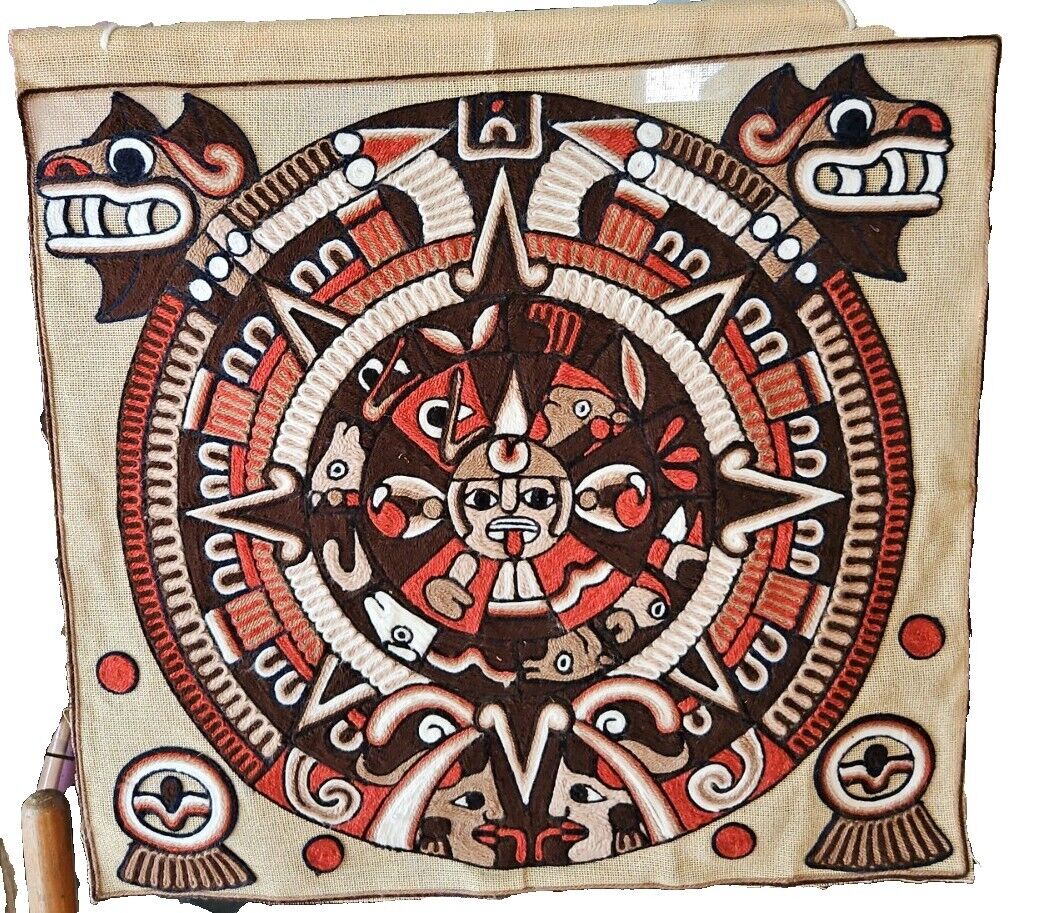 Vintage Folk Art Wall Hanging Woven Mexico Aztec Brown Tan Black Embroidered