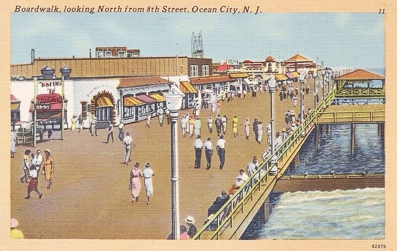 Ocean City NJ Postcard Boardwalk at 8th Looking North Linen Unused