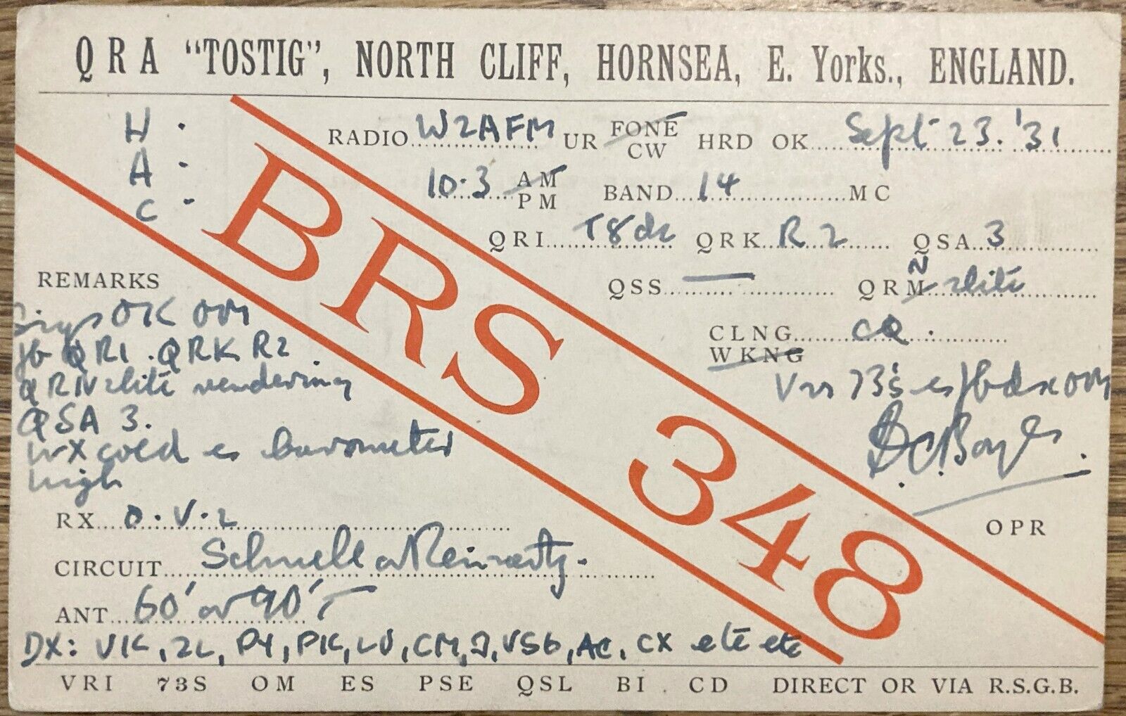 1931 - QSL Card - E. Yorks, England - BRS348 - Postcard