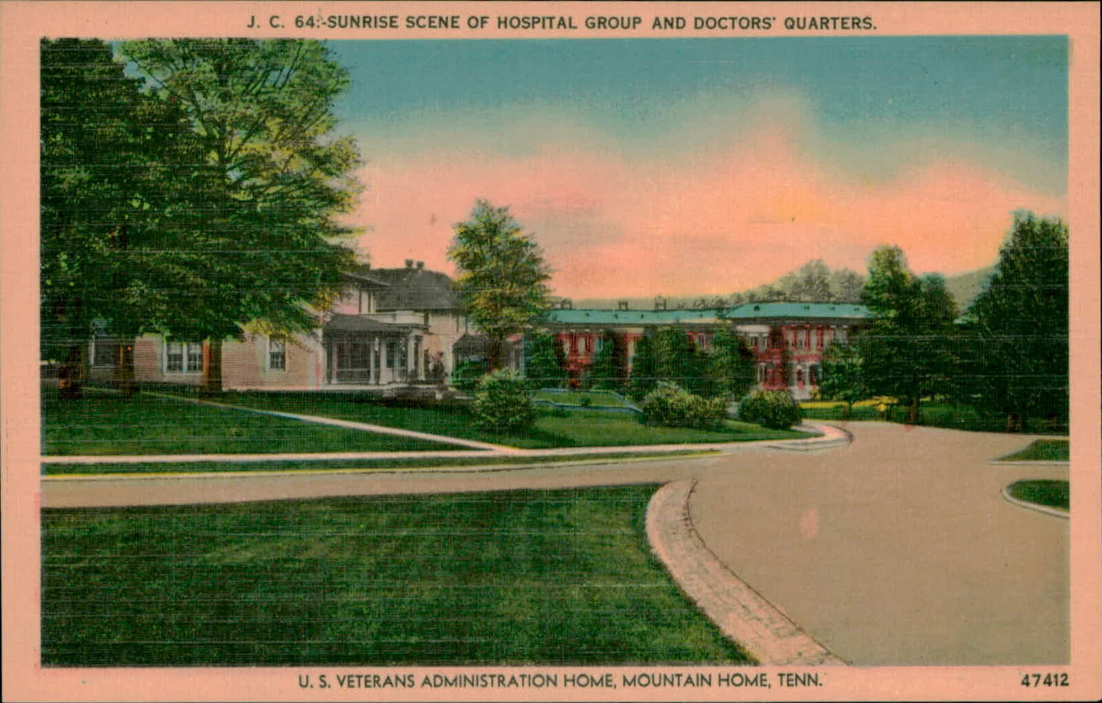 Postcard: J. C. 64:-SUNRISE SCENE OF HOSPITAL GROUP AND DOCTORS\' QUART