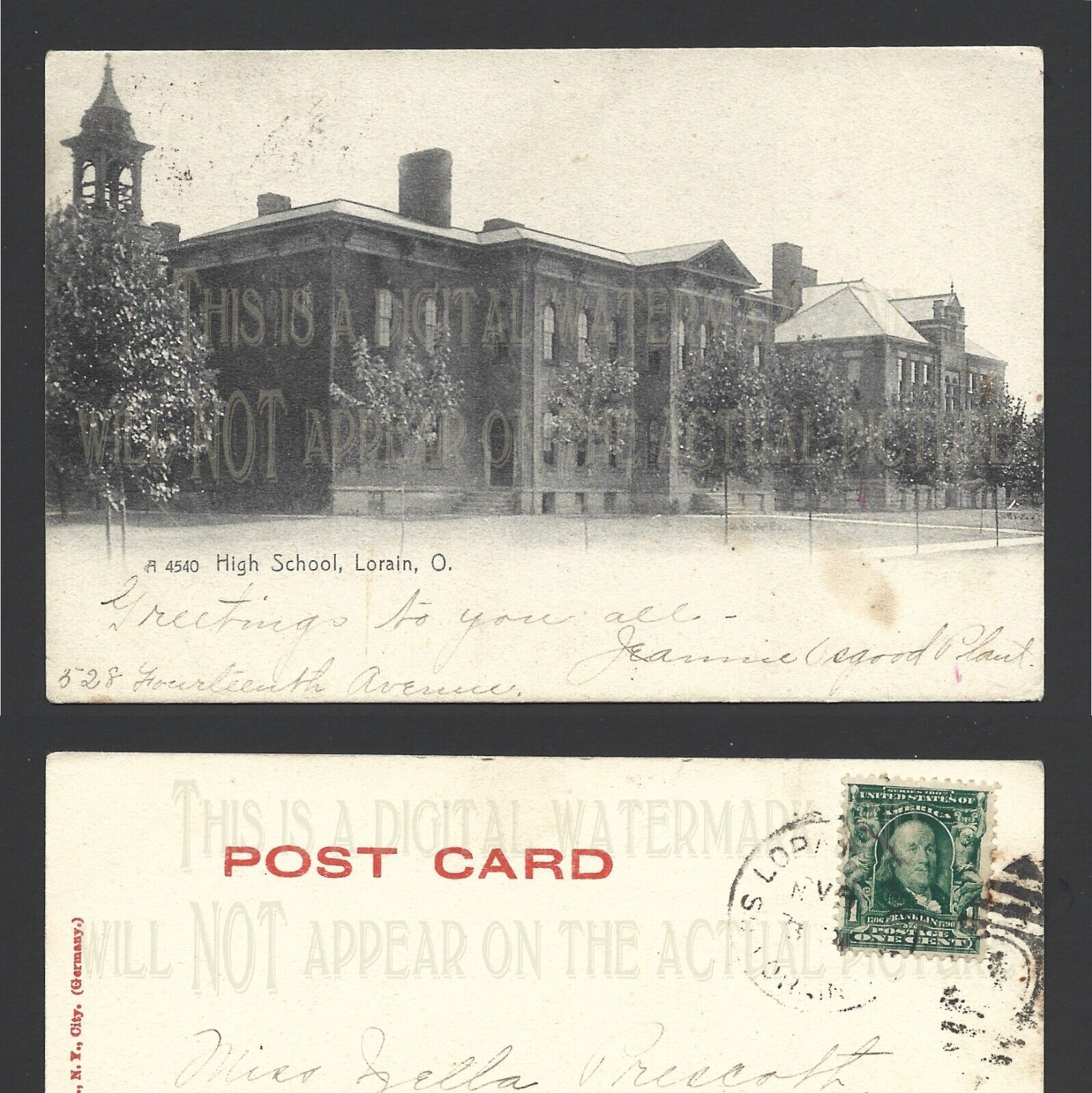 High School Lorain Ohio c 1904-1907 Postcard RPPC Antique Stamp 1 Cent Franklin