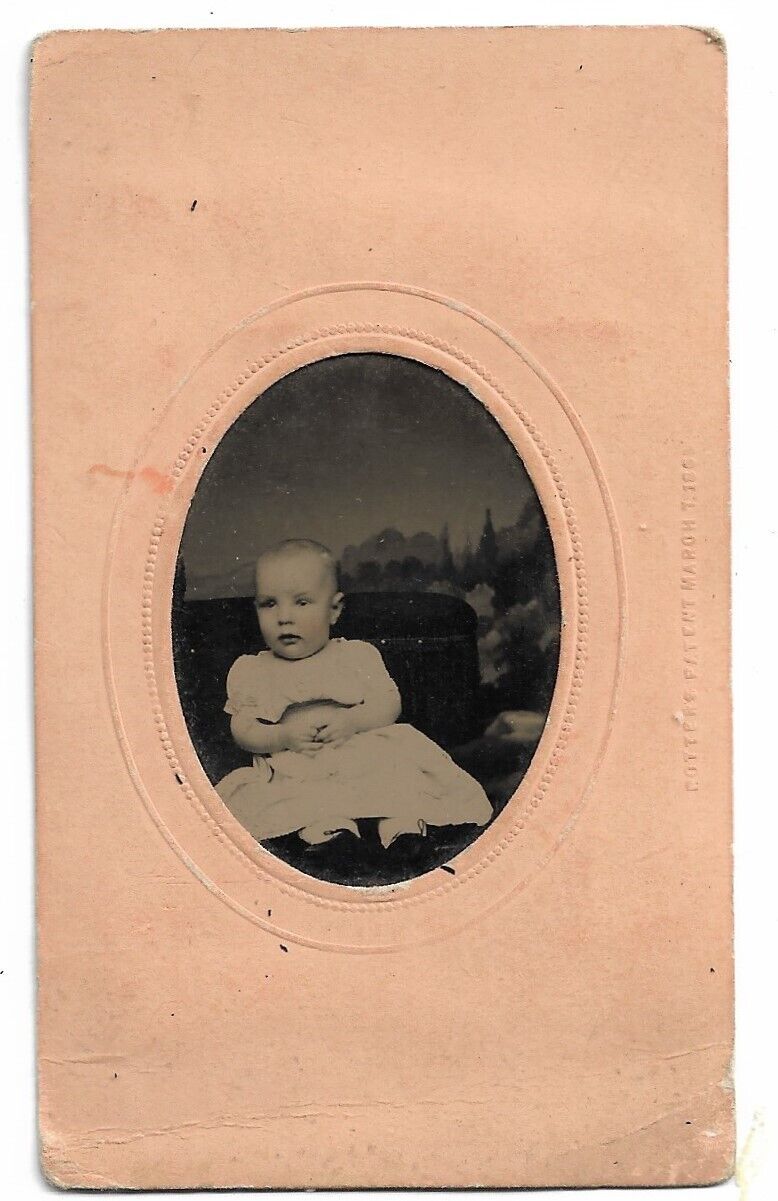 Tintype Photograph Small Child Seated on Photographer\'s Posing Chair
