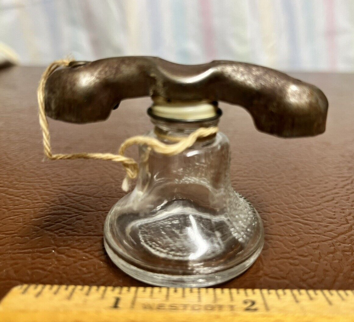 Glass Telephone bell Shaped Candy Container C. 1930S,  1.5 X 2.5.  Metal Top.
