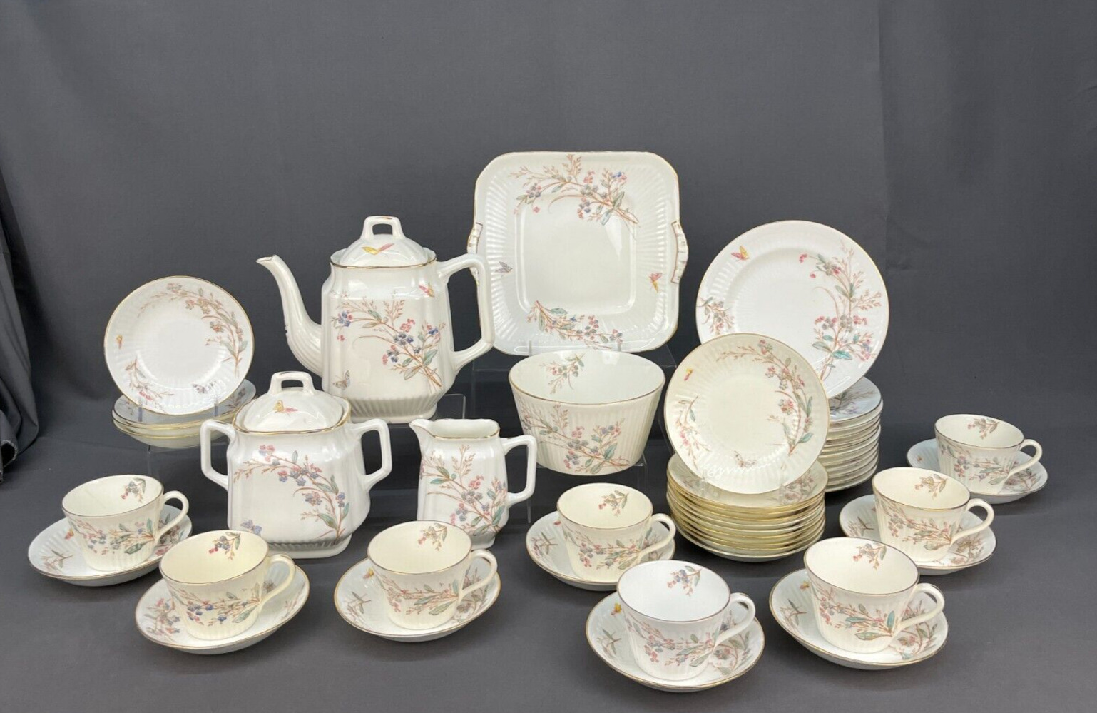47 Pc 19th Century Hand-Painted Floral and Butterfly Dessert Set (259)