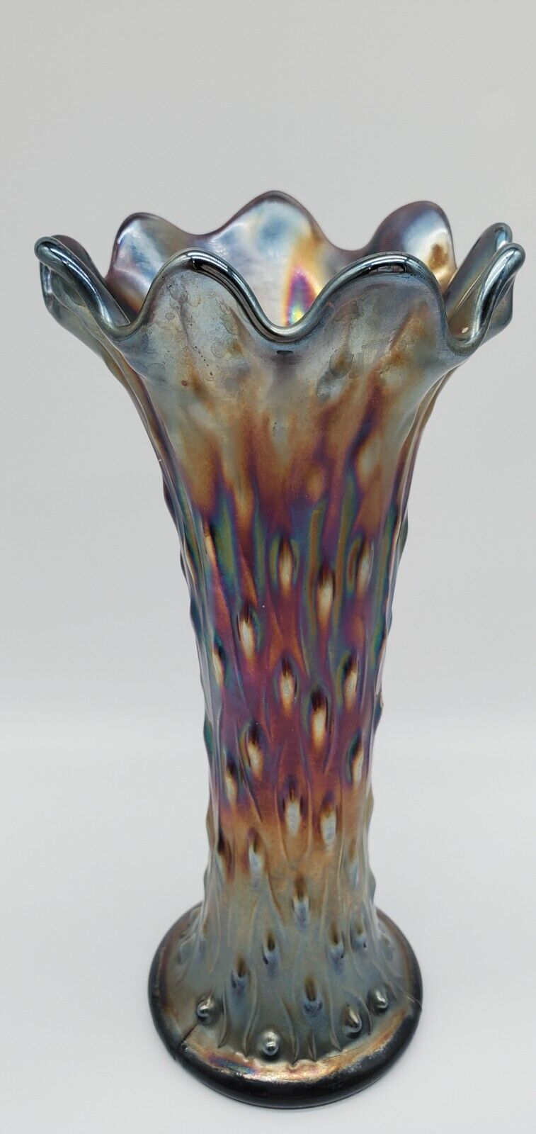 Vintage Northwood Vase Iridescent Amethyst Carnival Glass Tree Trunk 9.5