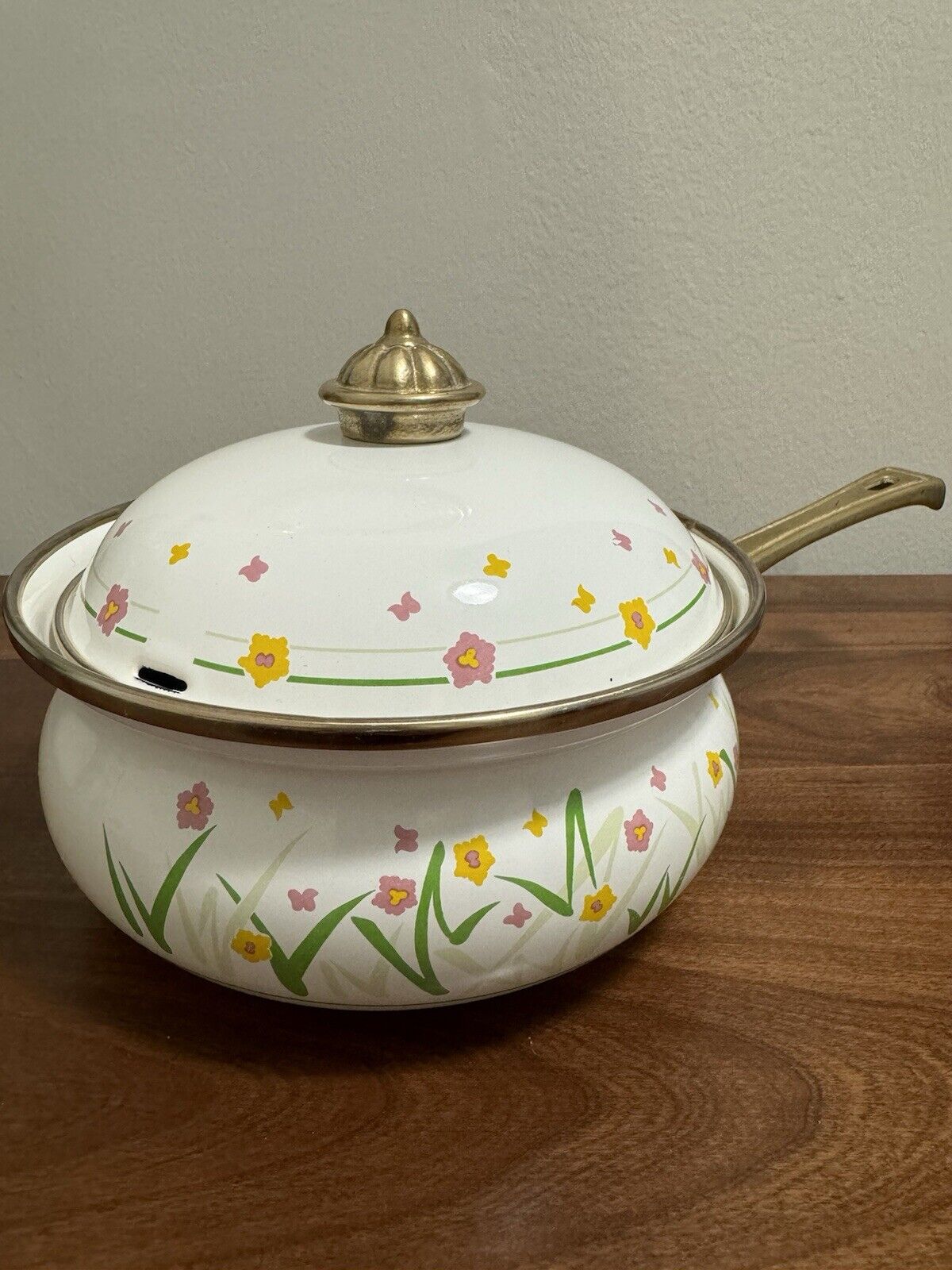 Vintage Lincoware Floral And White Enamel Sauce Pan With Lid