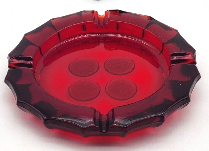 Ruby Red Glass Fostoria Frosted USA Coin Bottom Glass Ashtray.