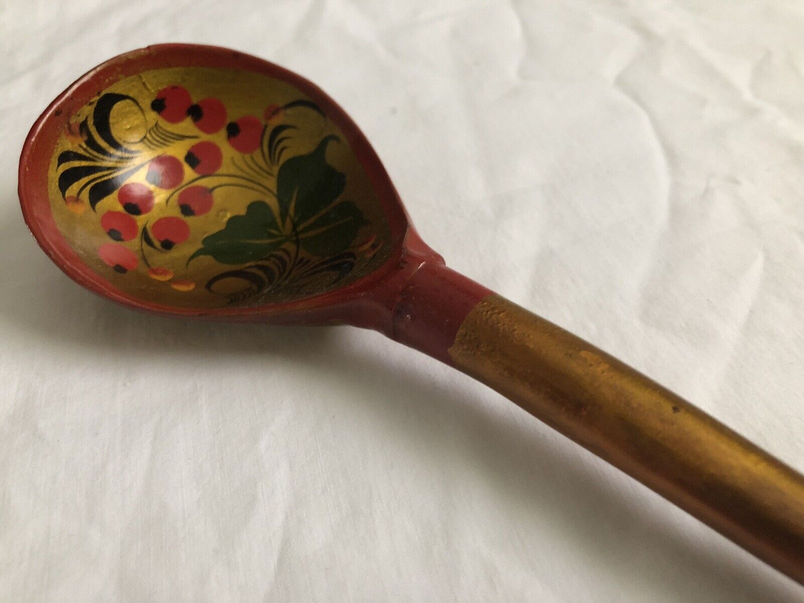 KHOKHLOMA Wooden Spoon Hand Painted RUSSIAN Lacquer Black Red & Gold Vintage
