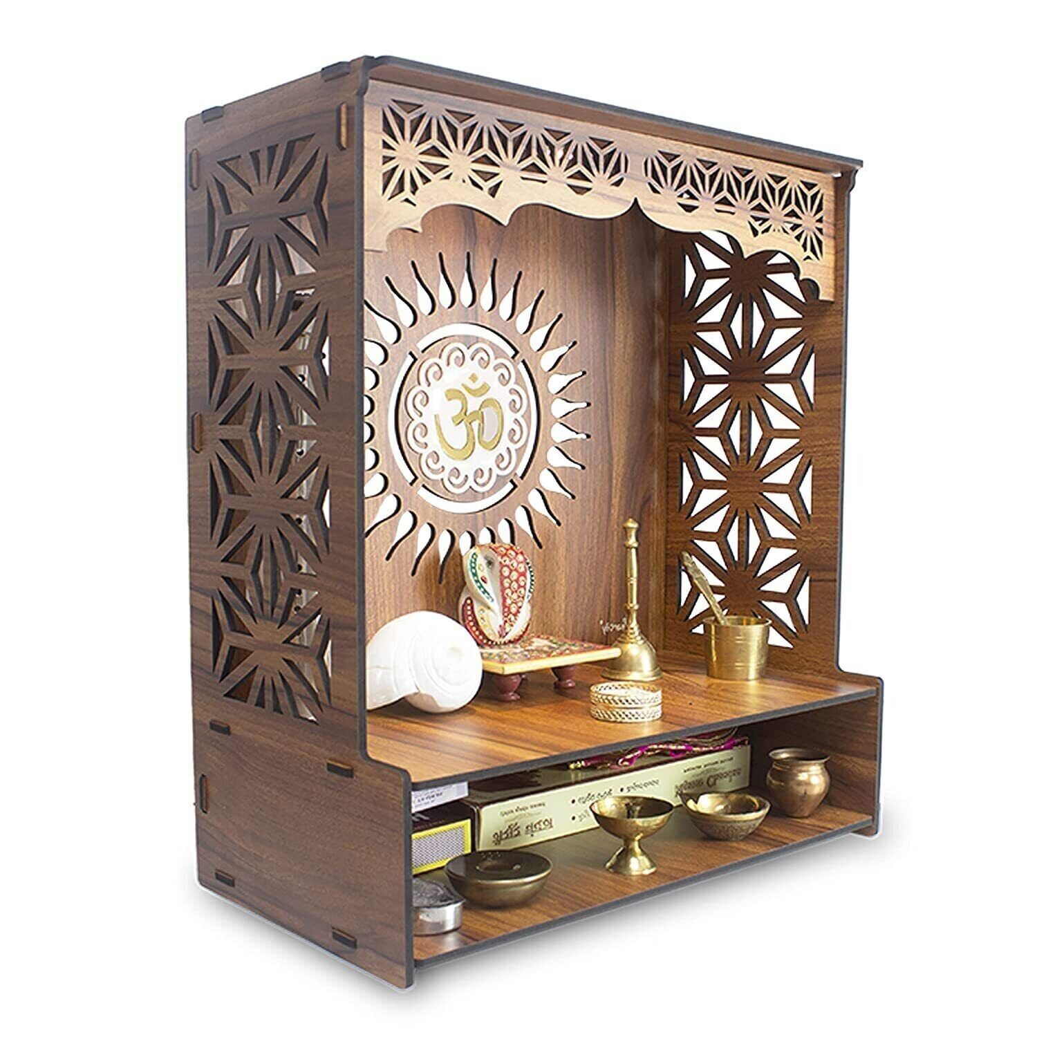Beautiful Wooden Pooja Stand with LED Spot Light for Temple Home Office