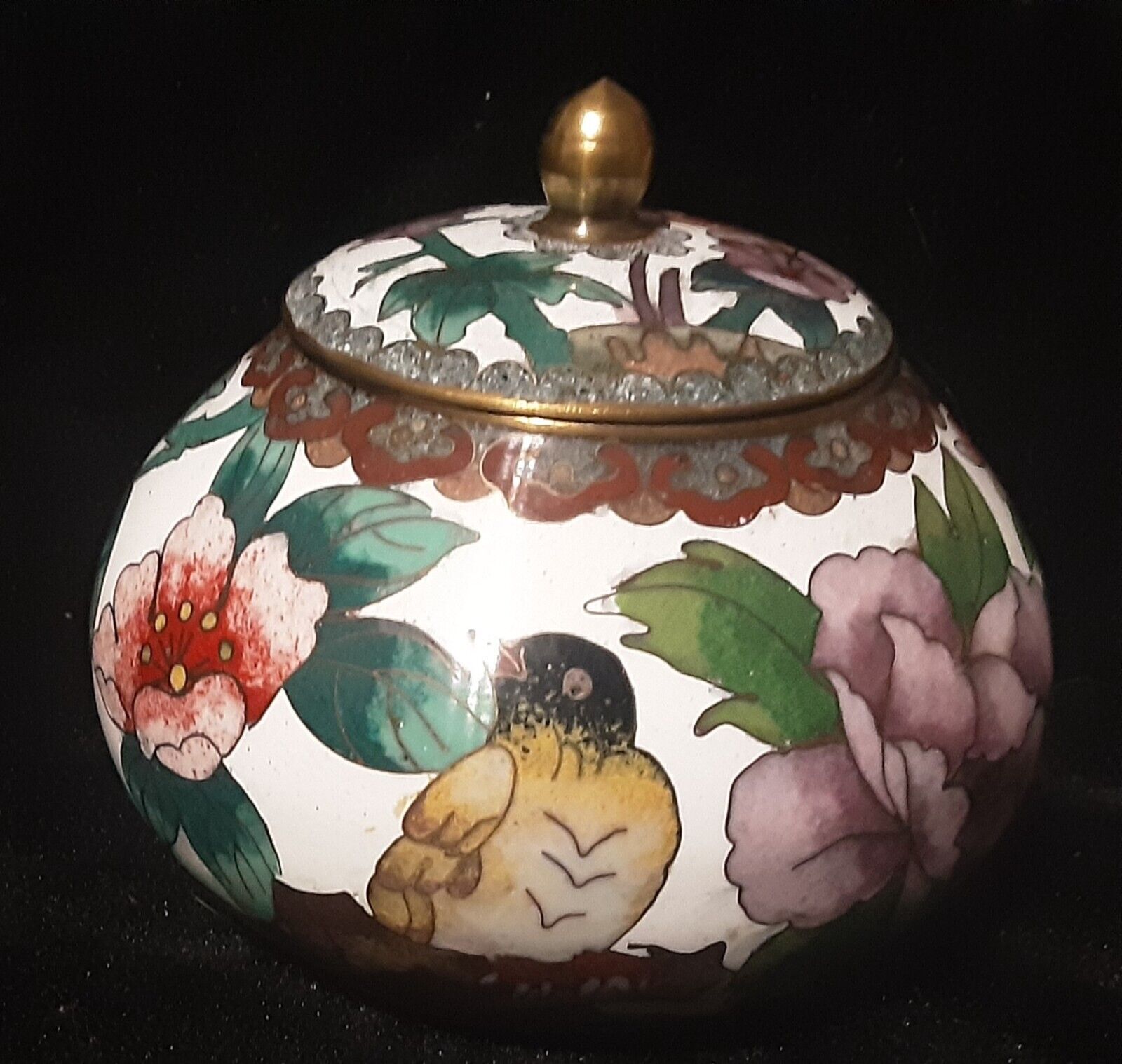 Vintage Cloisonne Enamel Brass Round Trinket Box/Jar w/Butterfly & Bird
