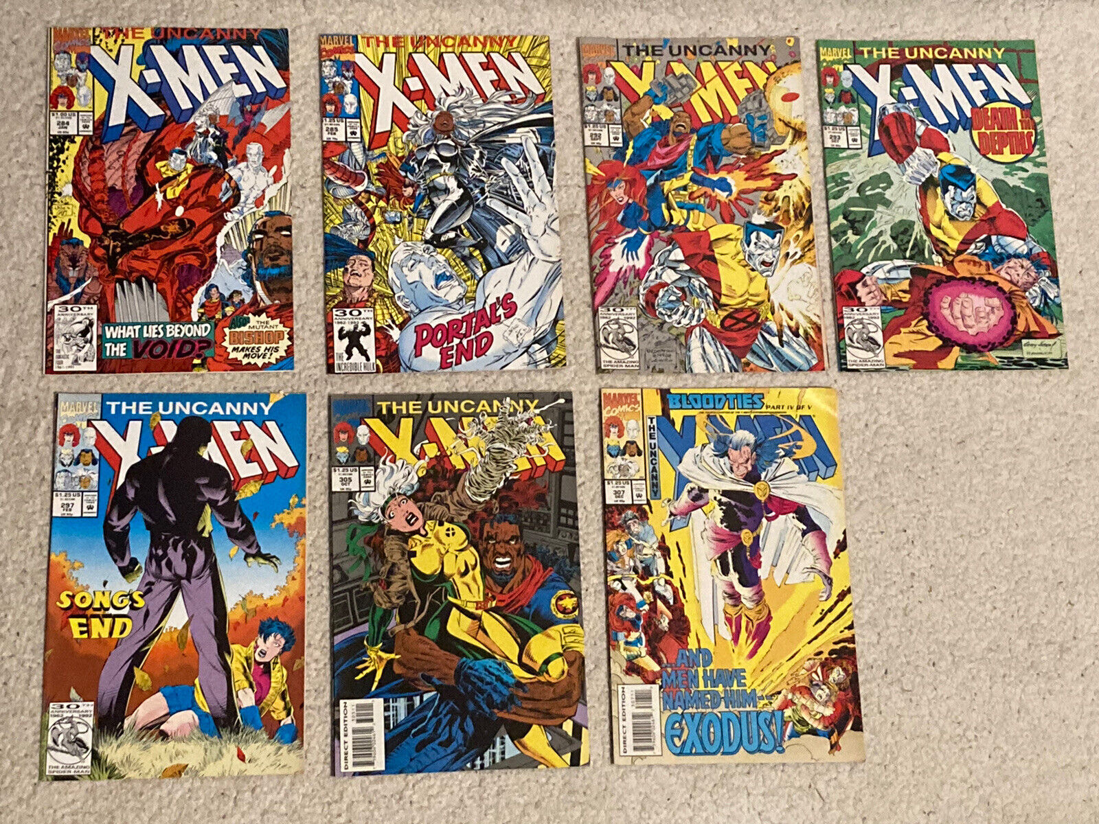 THE UNCANNY X-MEN MARVEL COMICS #284-307 VF+ Lot of 7 Comics 1992-1993 Copper