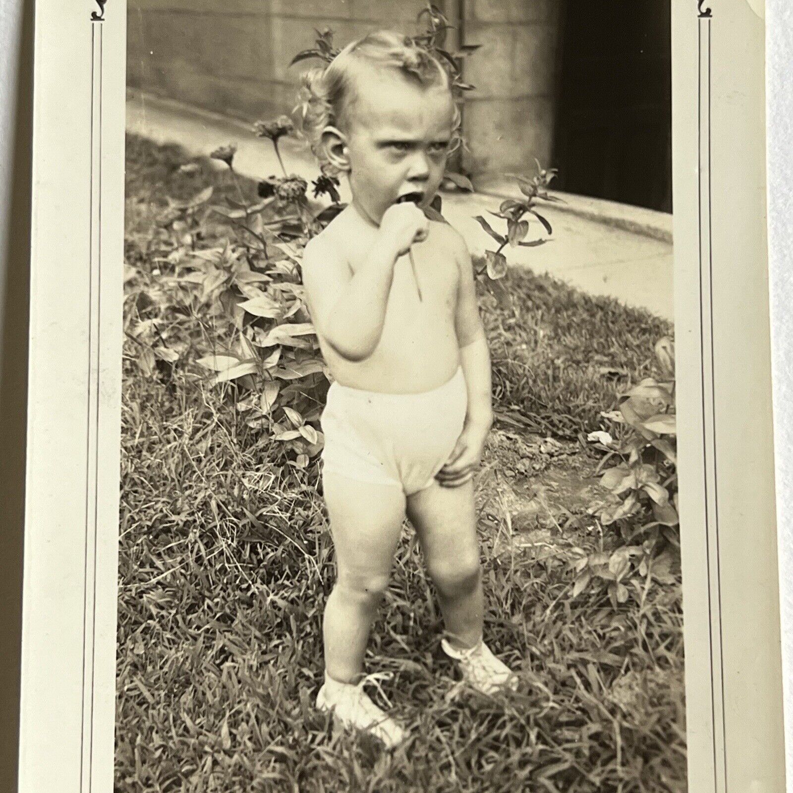 Vintage B&W Snapshot Photograph Adorable Little Boy Funny Face Lollipop
