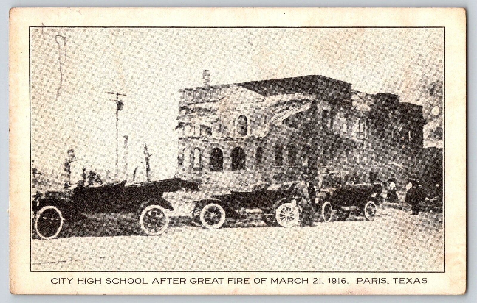 Postcard City High School after 1916 Fire - Paris Texas - Disaster