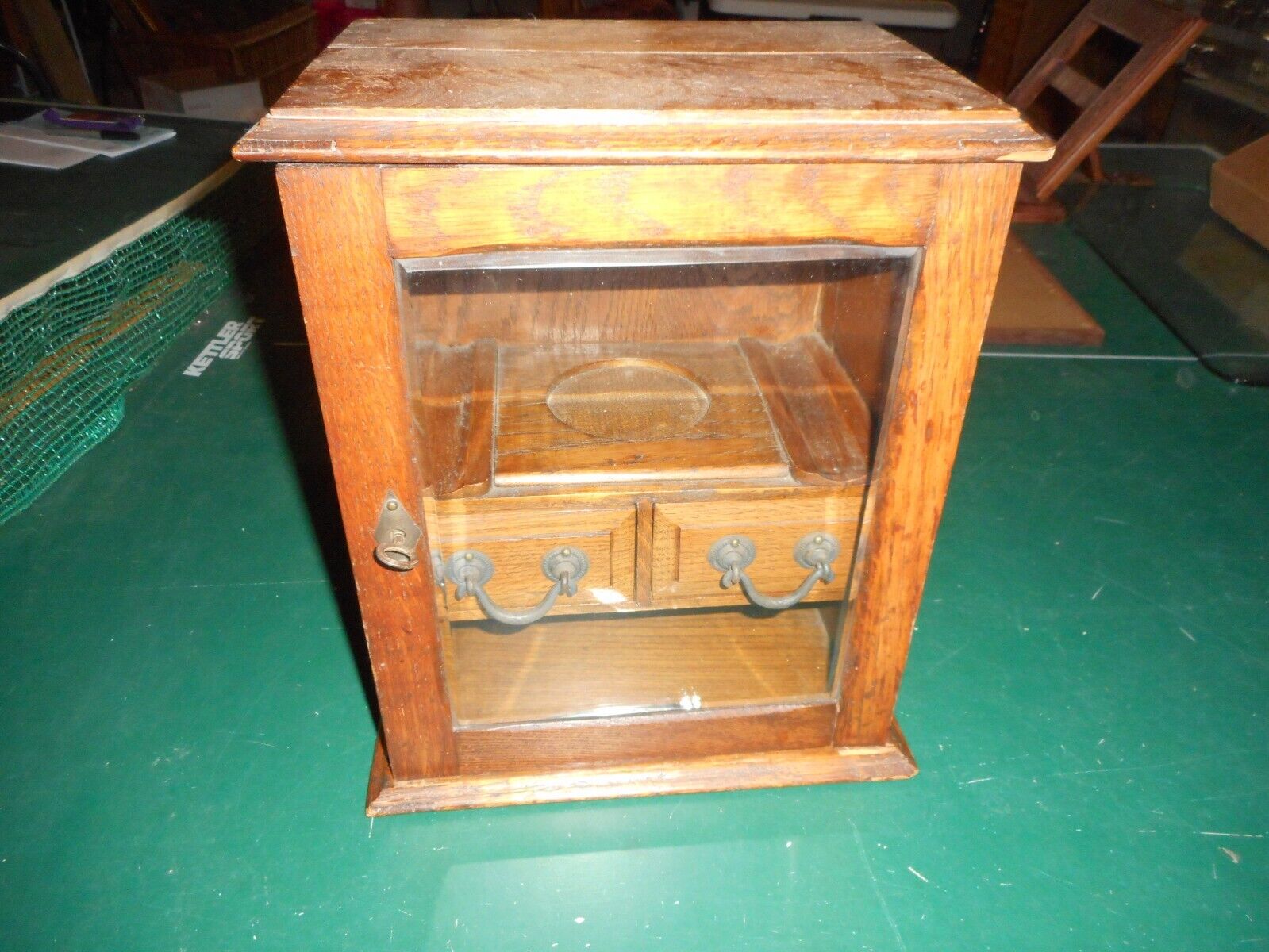 great antique, single glass door, small wooden tobacco cabinet w/ 2 drawers key