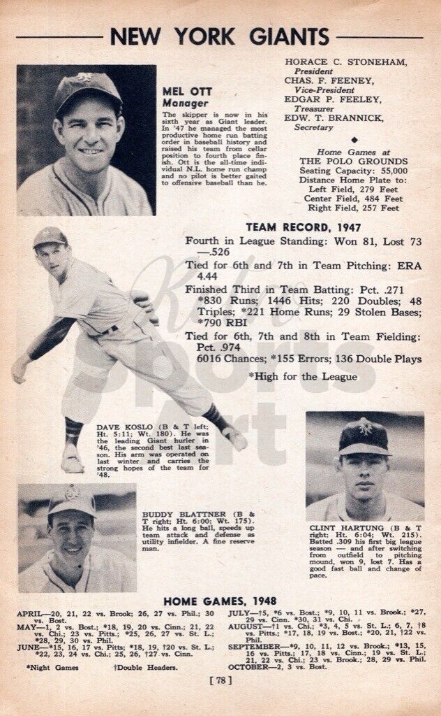 1948 New York Giants Team Johnny Mize Mel Ott  Vintage Baseball Print Ad Page