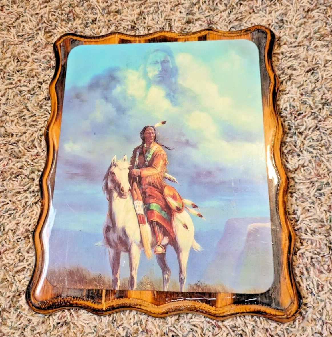 Vintage Handcrafted Native American Warrior on Horse Lacquered Wood Plaque 9x11