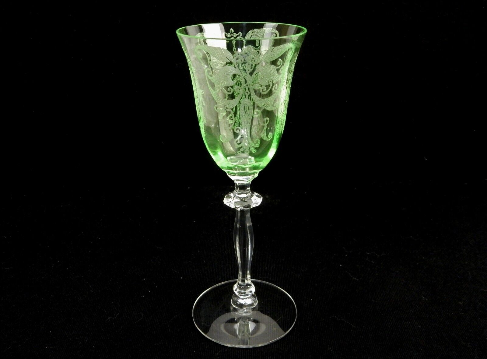 Cambridge Etched Glass 4 oz. Goblet, Hex Stem, Green Bowl, Majestic Pattern