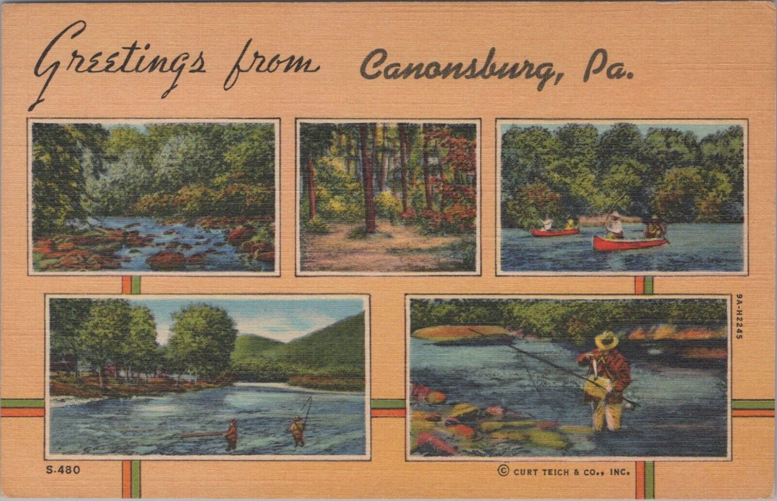 Canonsburg Pennsylvania Greetings Fishing Water Woods Scenes Linen Postcard