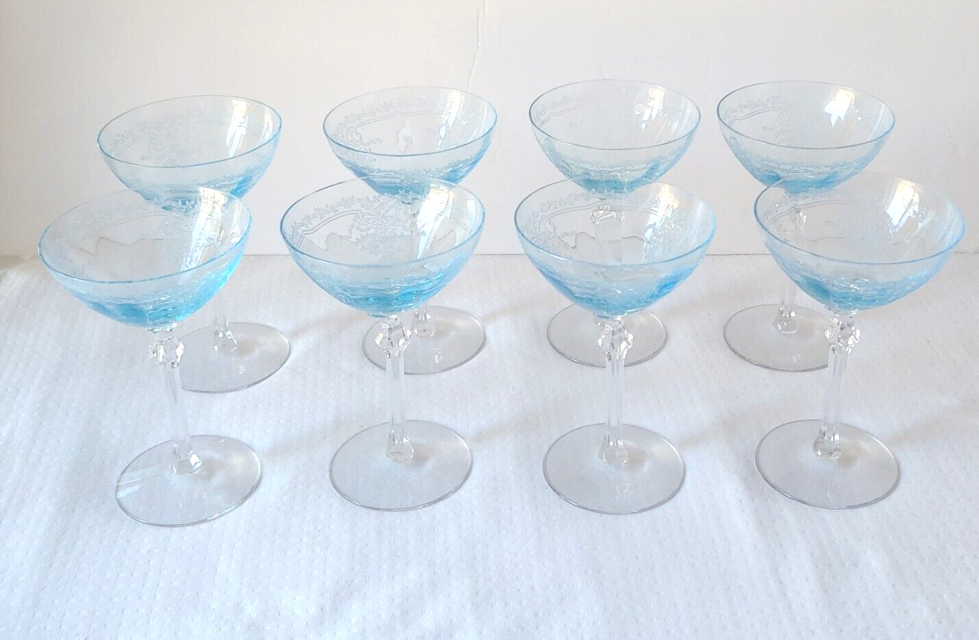 Vtg Fostoria June Blue Crystal Etched Glass Champagne Sherbet Glasses Set of 8