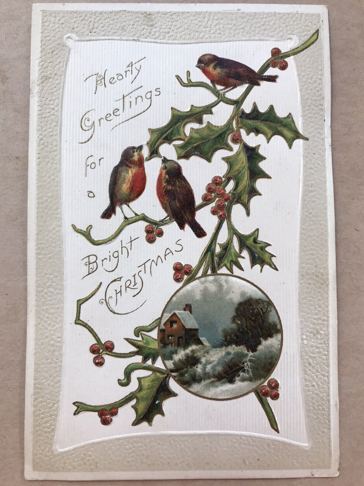 Hearty Greetings For A Bright Christmas Birds Holly Berries Scene 1908 Post Card