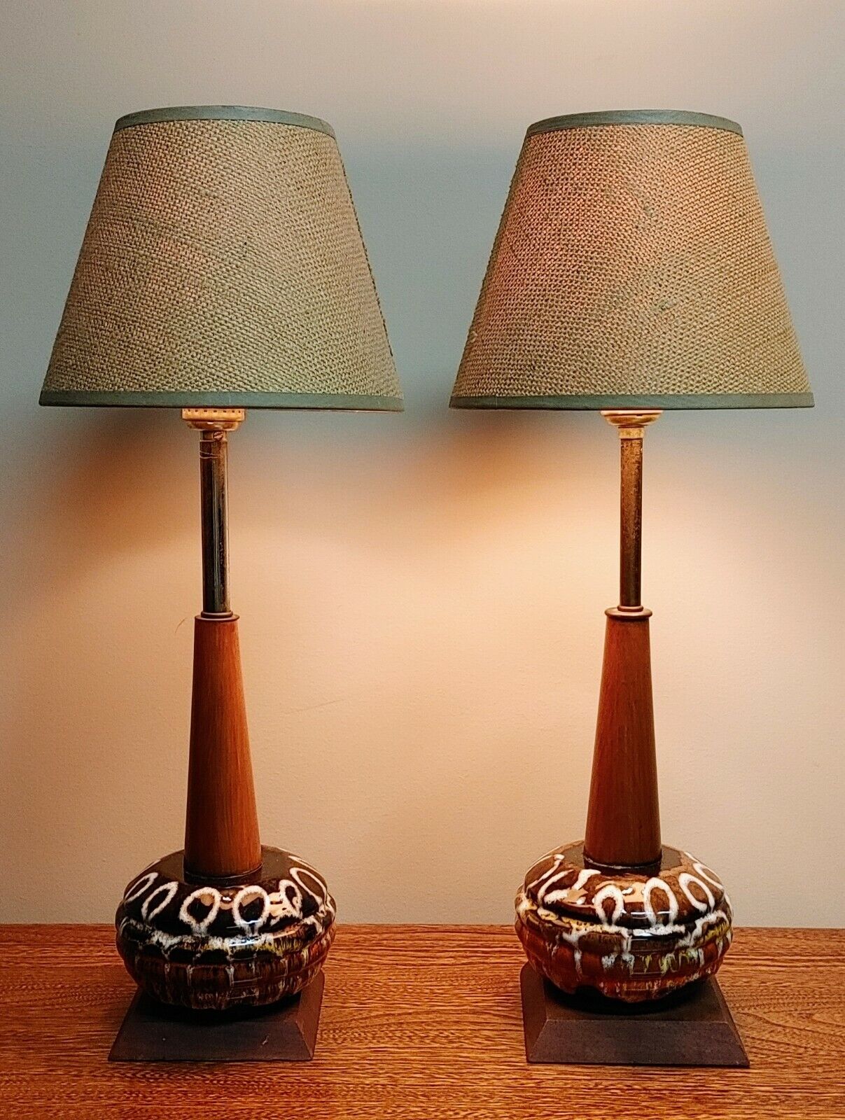 Pair of MCM Maurice Chalvignac Drip Glazed Ceramic Teak Wood Lamps All Original