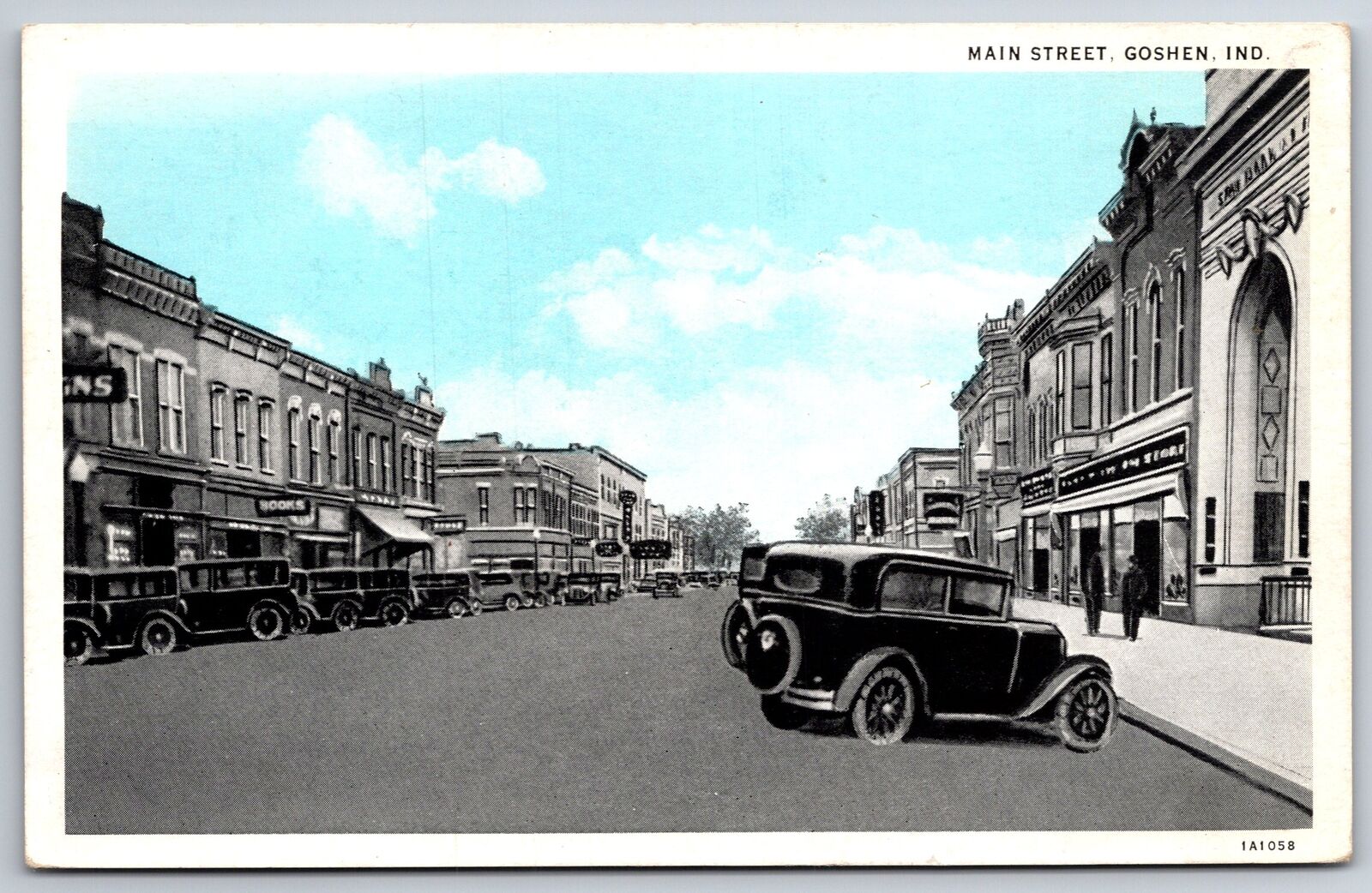 Goshen Indiana~Main Street~1930s Blue Sky Postcard