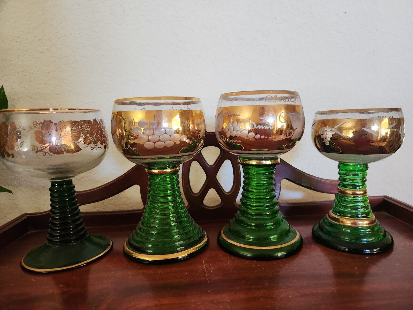 Vintage AUSTRIAN Green, Clear & Gold Etched Wine glasses Set of 4