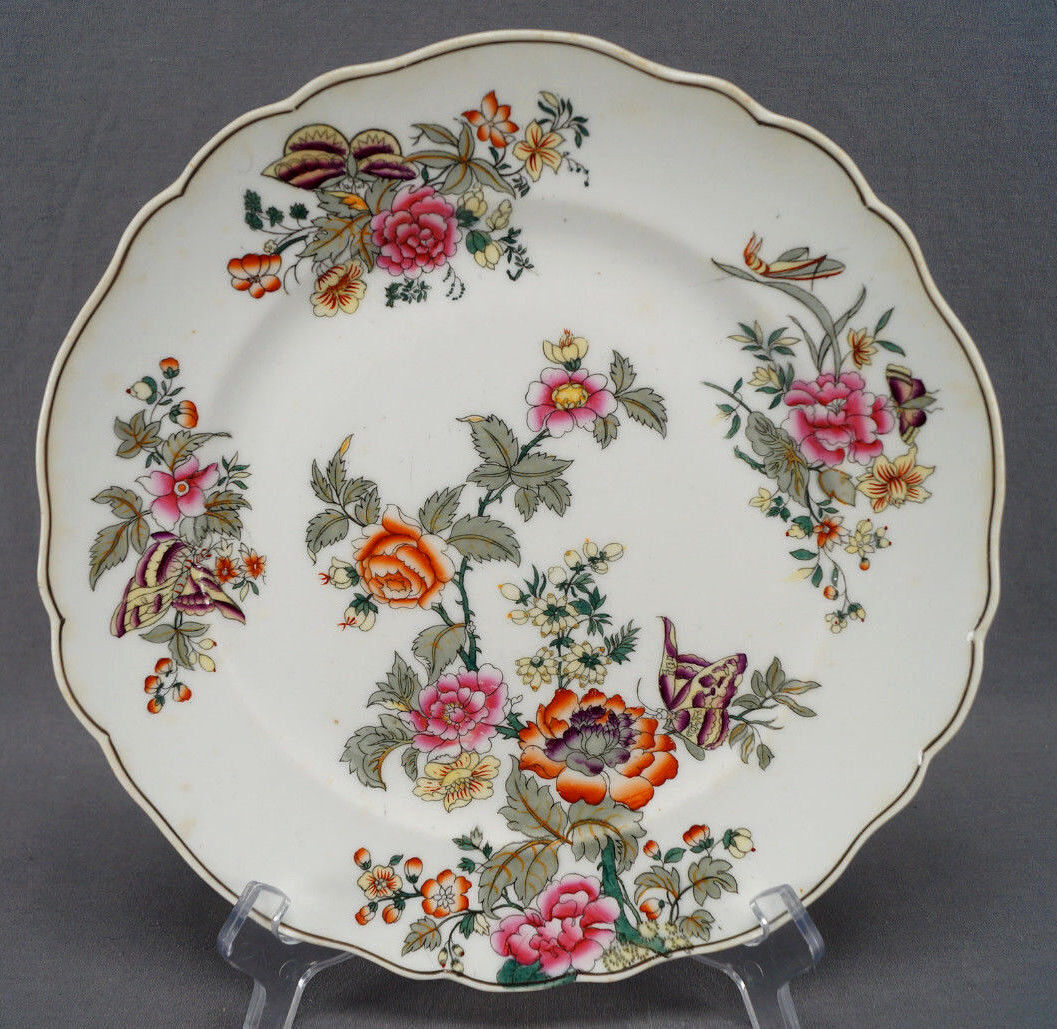British Multicolor Floral & Butterfly Bone China 10 3/8 Inch Plate 1830-1850 B